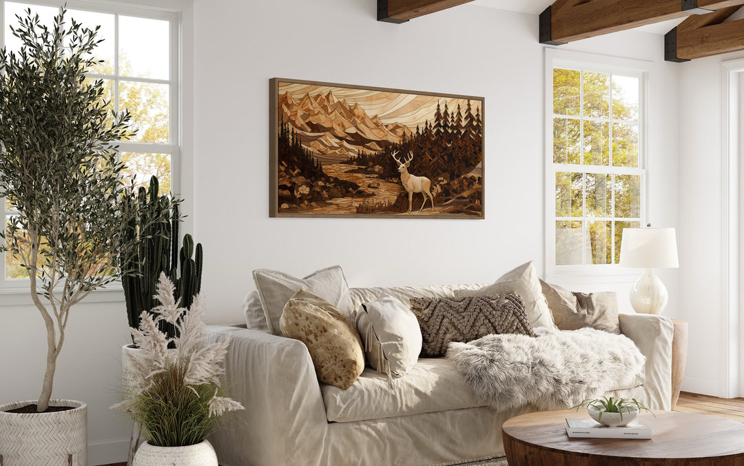 Cabin Decor Elk Painting in Mountain Forest side view