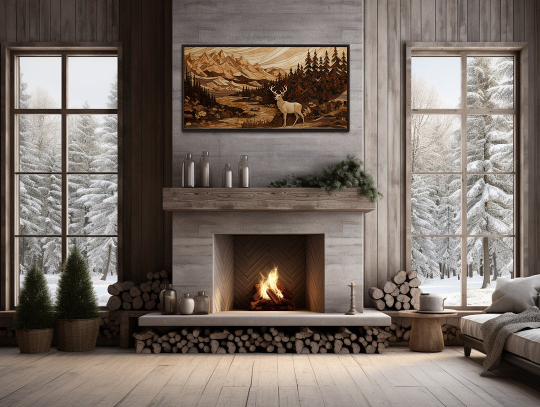 Cabin Decor Elk Painting in Mountain Forest above mantel in winter cabin