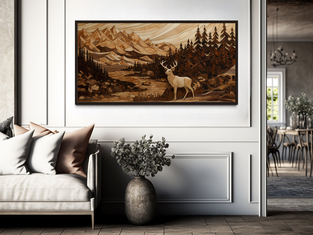 Cabin Decor Elk Painting in Mountain Forest Wood Panel Effect Canvas Art