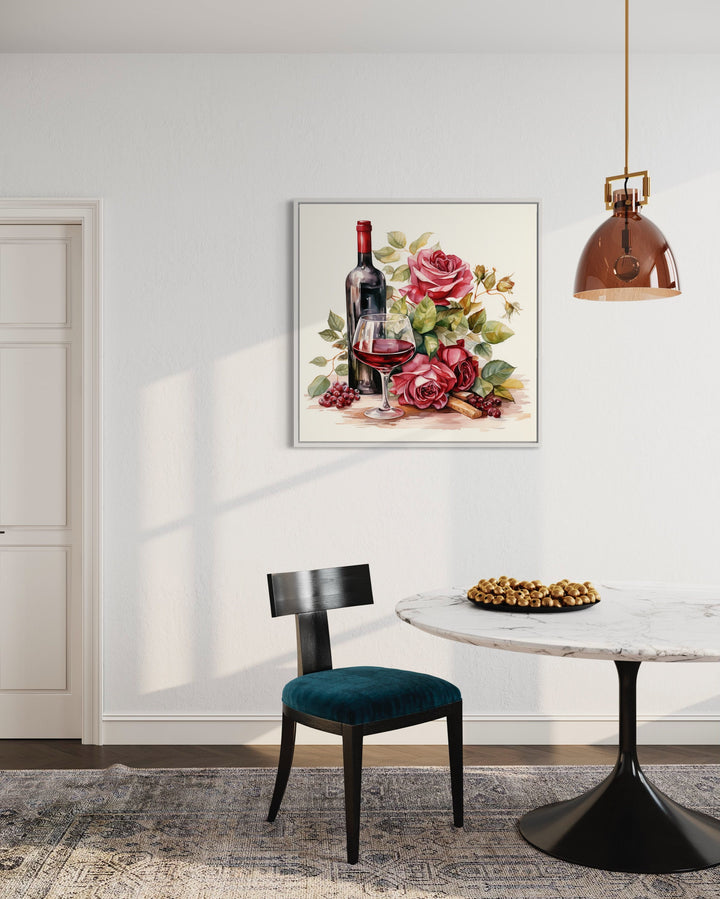 Red Wine Bottle And Glass wall art in dining room