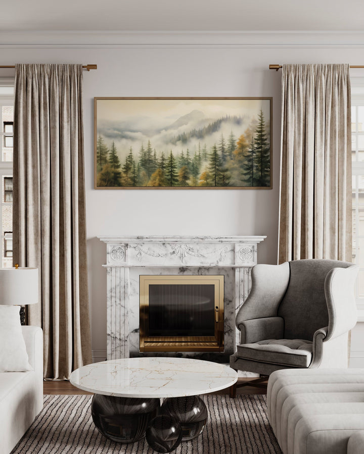 Sage Green Foggy Fir Tree Forest Framed Canvas Wall Art above fireplace