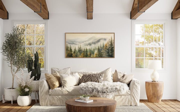 Sage Green Foggy Fir Tree Forest Framed Canvas Wall Art in living room