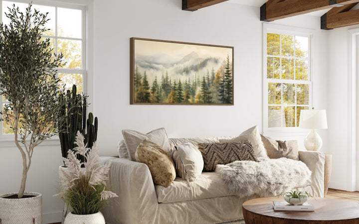 Sage Green Foggy Fir Tree Forest Framed Canvas Wall Art side view