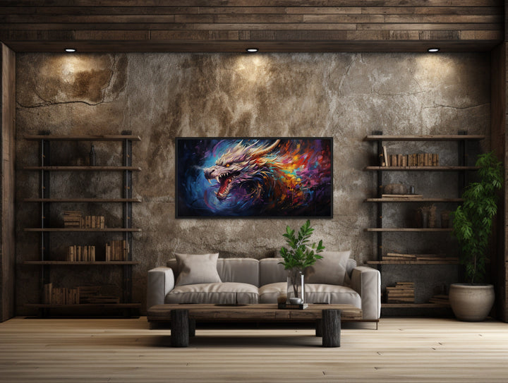 Colorful Dragon Abstract Statement Framed Canvas Wall Art in man cave