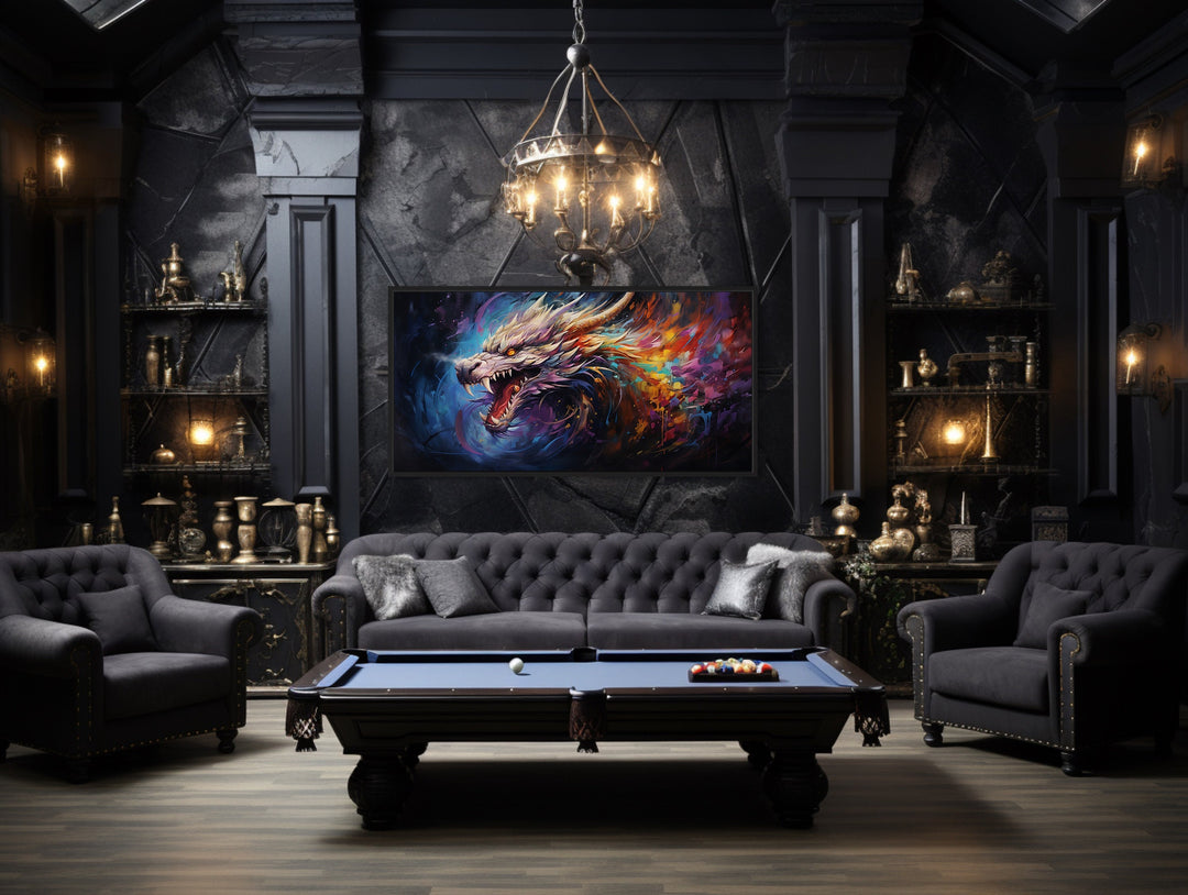 Colorful Dragon Abstract Statement Framed Canvas Wall Art in game room