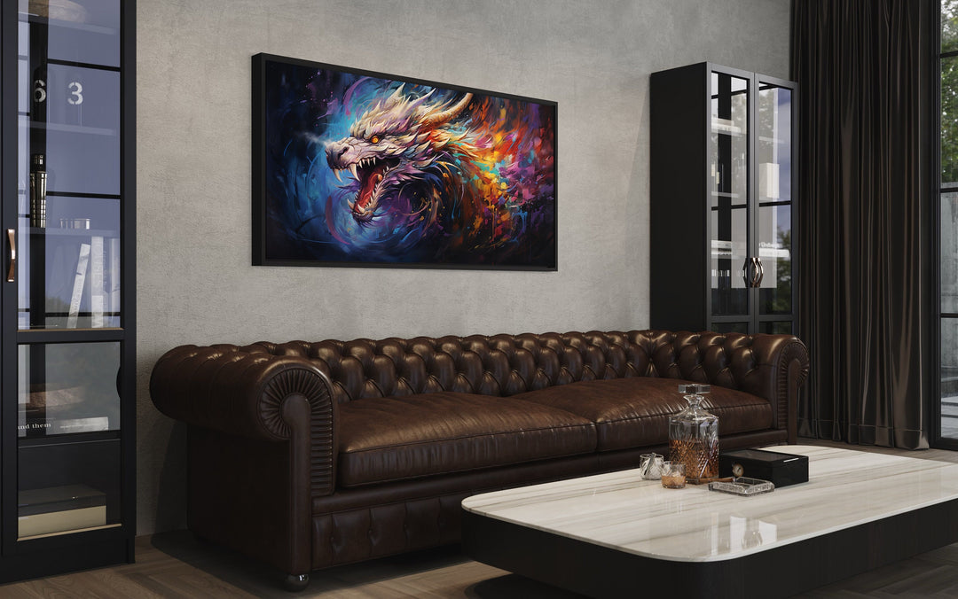 Colorful Dragon Abstract Statement Framed Canvas Wall Art in movie room