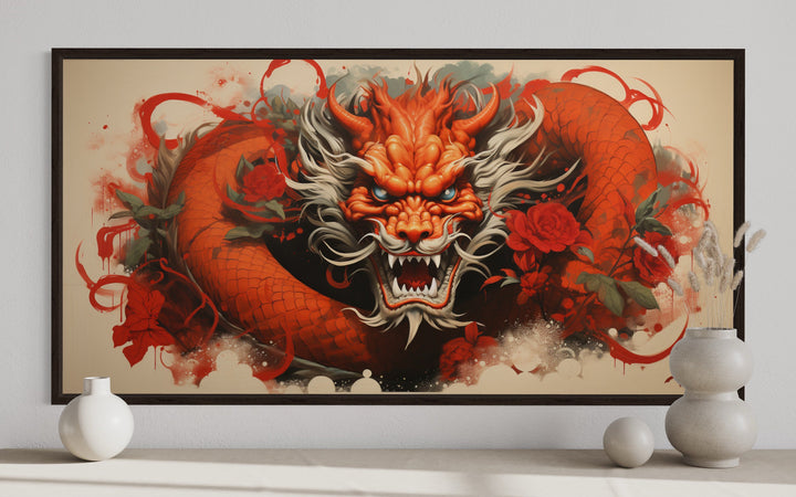 Red Dragon Graffiti Framed Canvas Wall Art close up