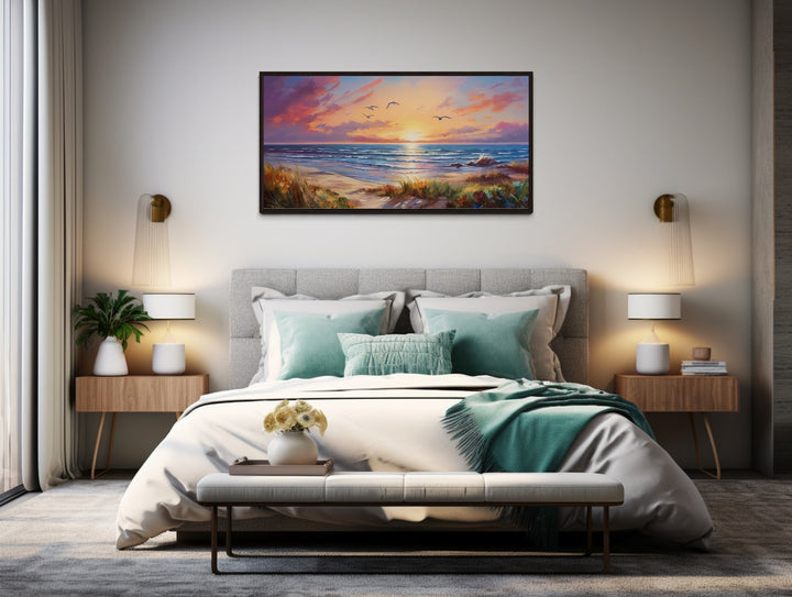 Colorful Beach Sunset With Seagulls Framed Canvas Wall Art in bedroom