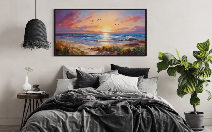 Colorful Beach Sunset With Seagulls Framed Canvas Wall Art above bed