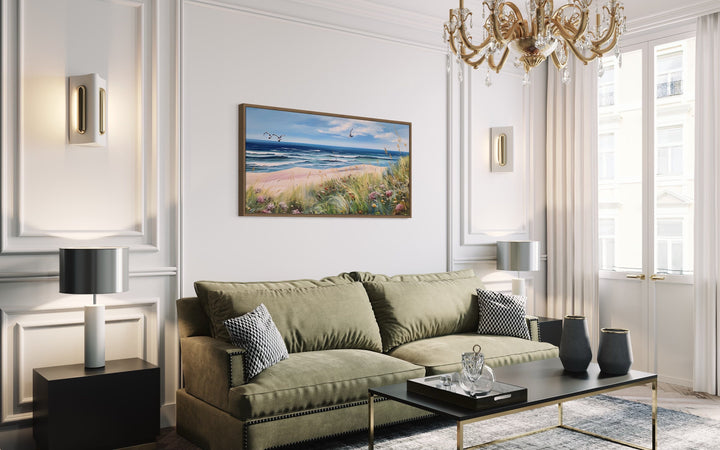 Colorful Beach With Seagulls And Grass Framed Canvas Wall Art in living room