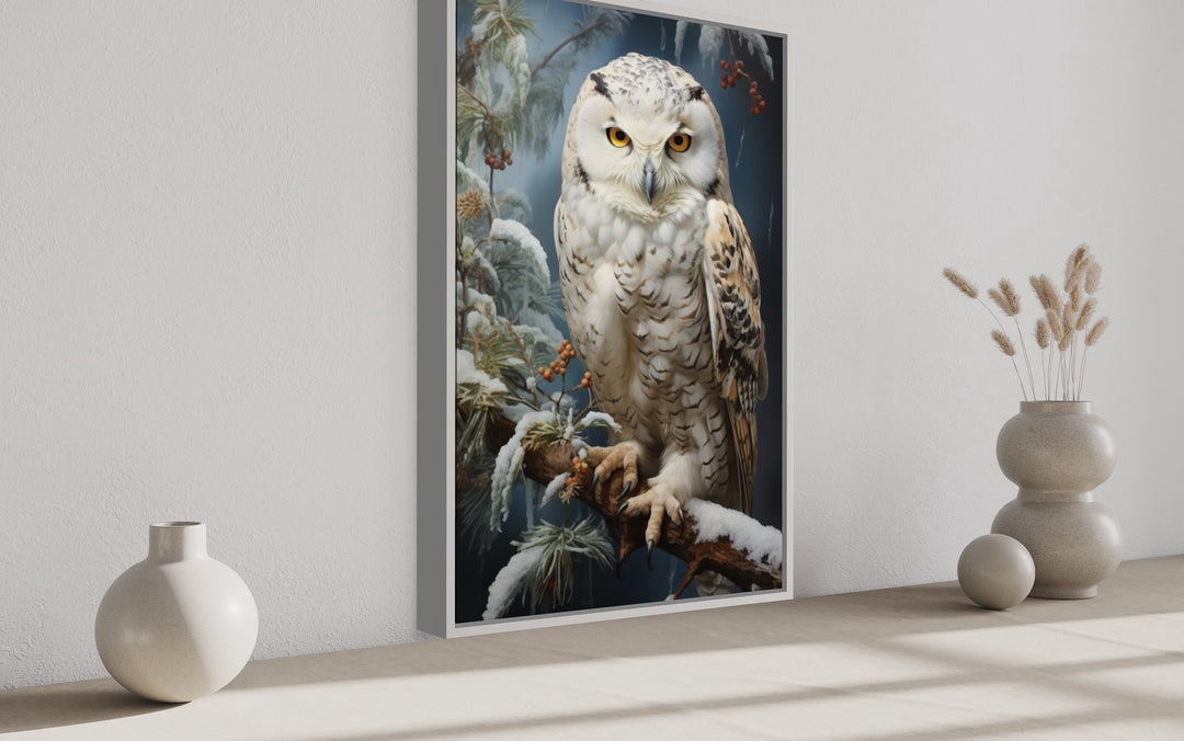 Snowy Owl Painting Framed Canvas Wall Art side view
