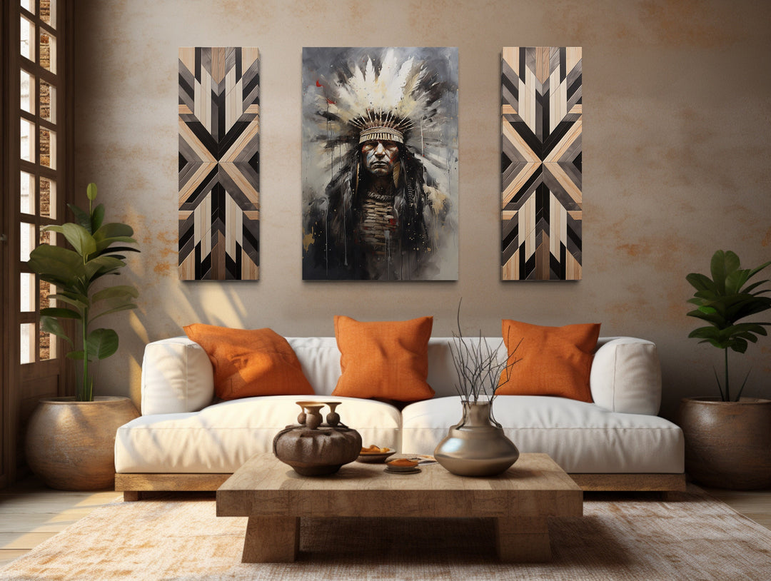 Set of 3 Aztec Inspired chief/Emperor And Aztec Panels Canvas Wall Art in living room