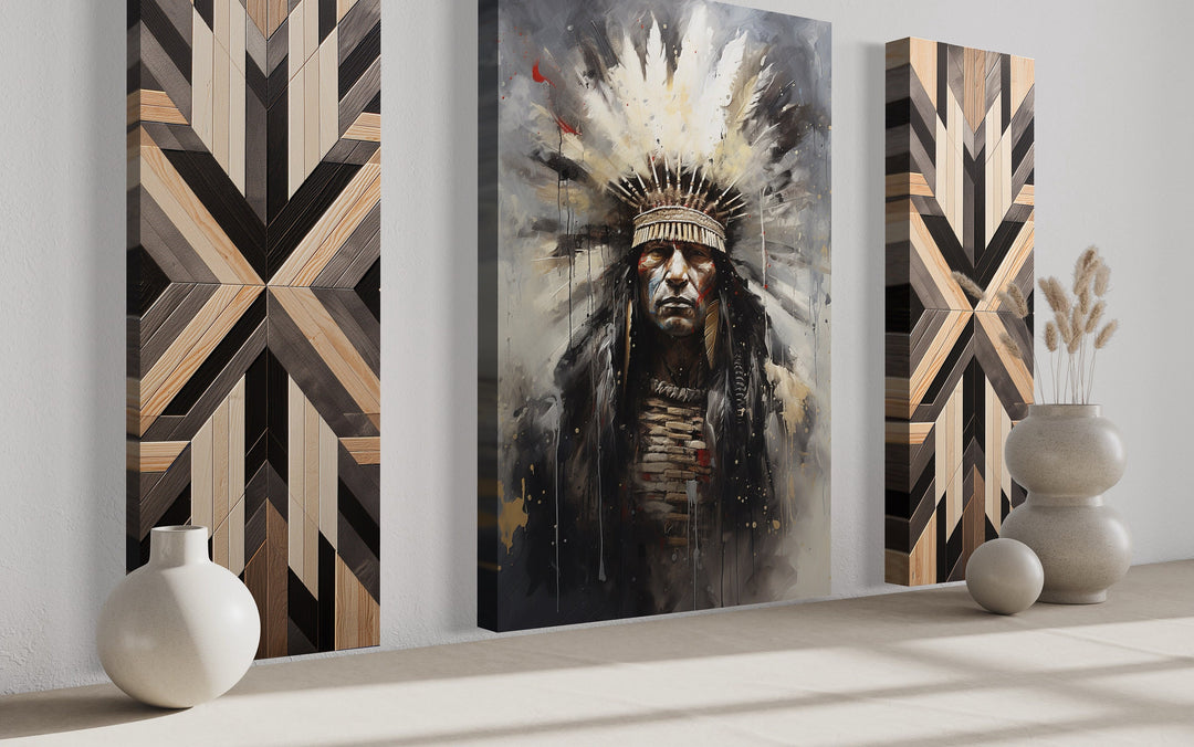 Set of 3 Aztec Inspired chief/Emperor And Aztec Panels Canvas Wall Art side view