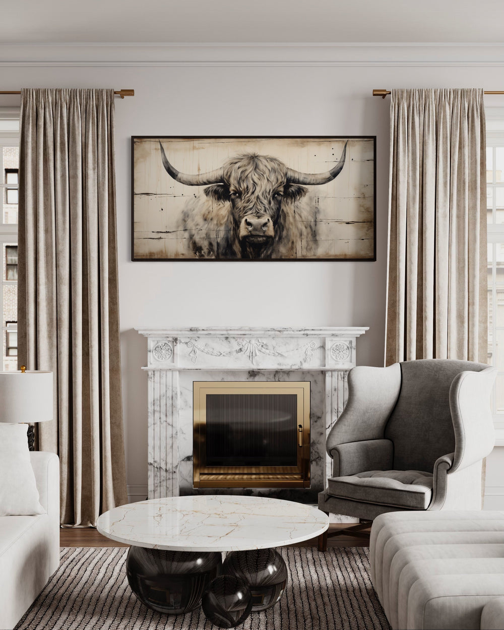 Highland Bull Painting On Wood Rustic Farmhouse Wall Art above fireplace