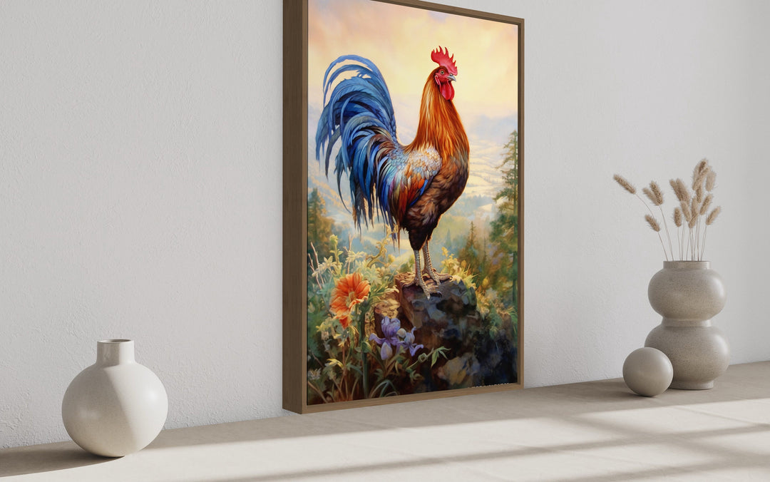 Rustic Farm Rooster Painting Framed Kitchen Wall Decor side view