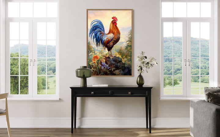 Rustic Farm Rooster Painting Framed Kitchen Wall Decor above table