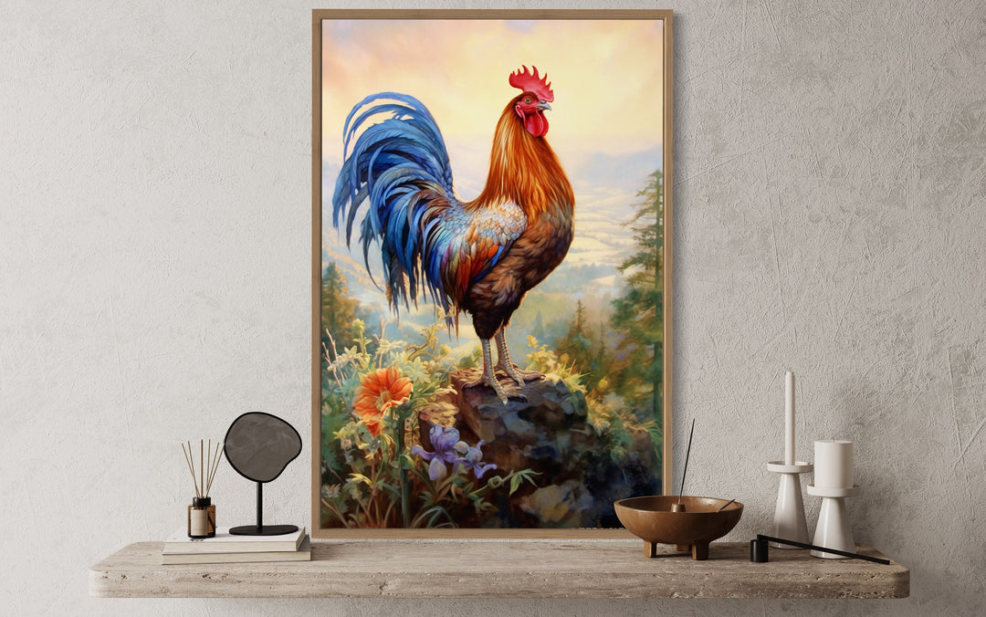 Rustic Farm Rooster Painting Framed Kitchen Wall Decor close up