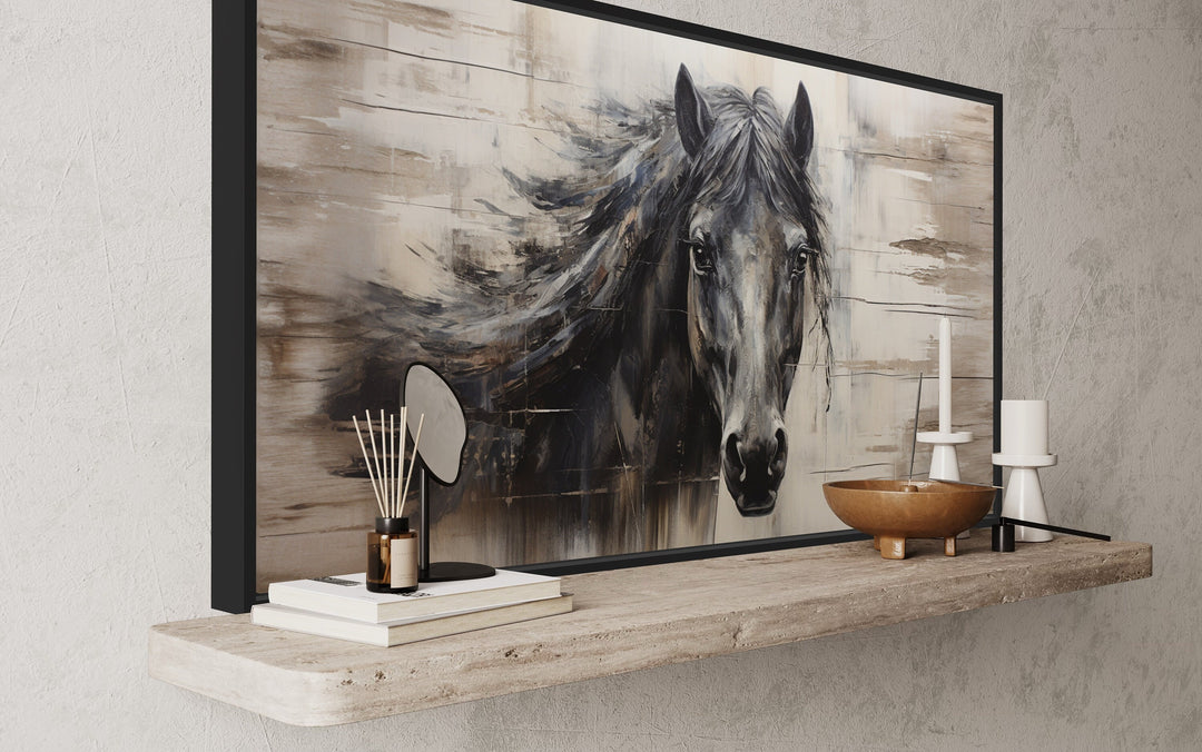 Black Horse Rustic Painting On Wood Framed Canvas Wall Art side view