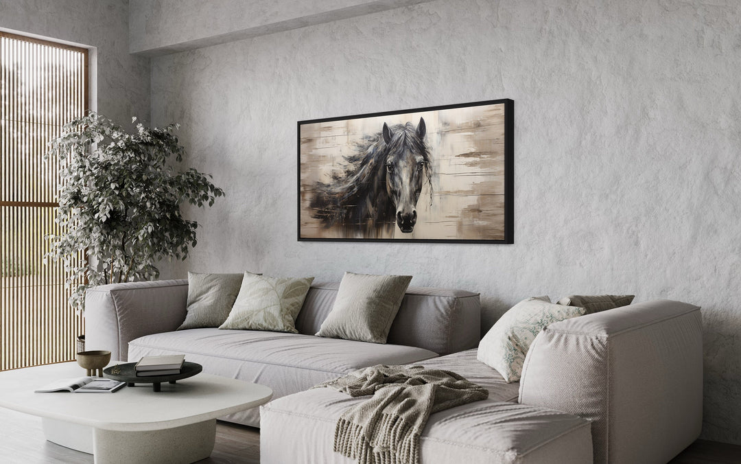 Black Horse Rustic Painting On Wood Framed Canvas Wall Art above grey couch
