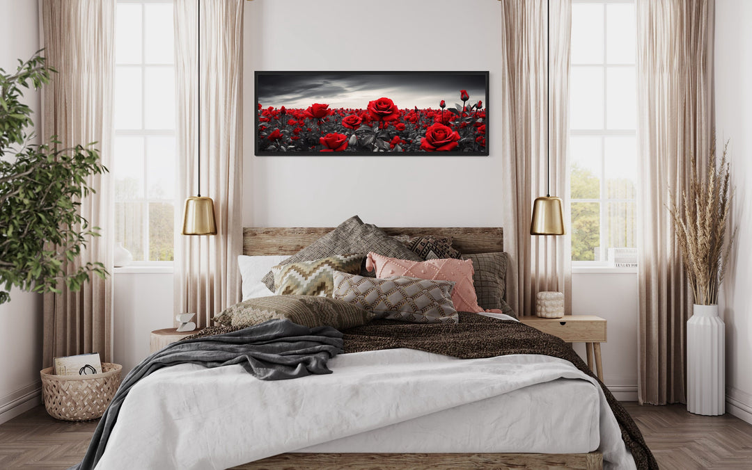 Red Black White Horizontal Roses Framed Canvas Wall Art above bed