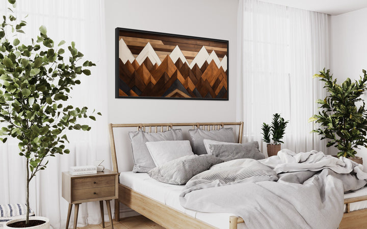 Snow Capped Mountains Layered Wood Panel Effect Canvas Wall Art above bed