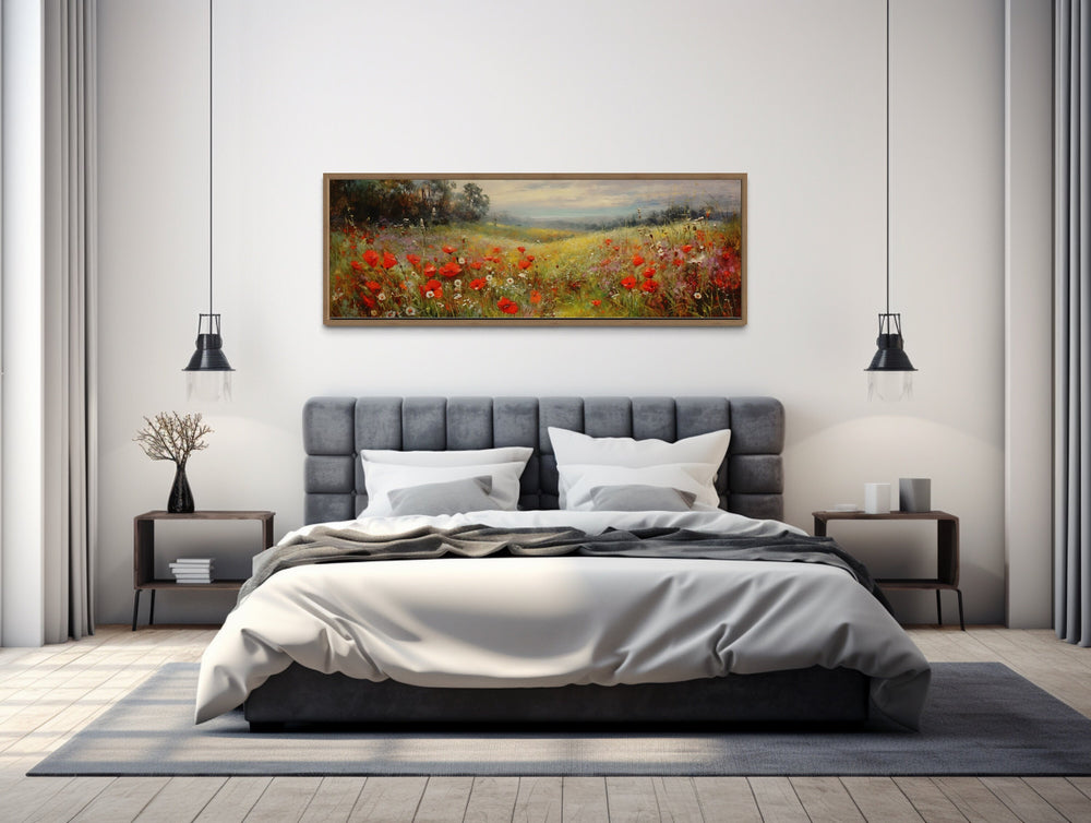 Colorful Red Wildflowers Field Horizontal Above Bed Wall Art