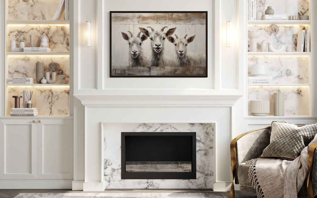 Three Funny Goats Looking Through Fake Wooden Window Canvas Wall Art above fireplace