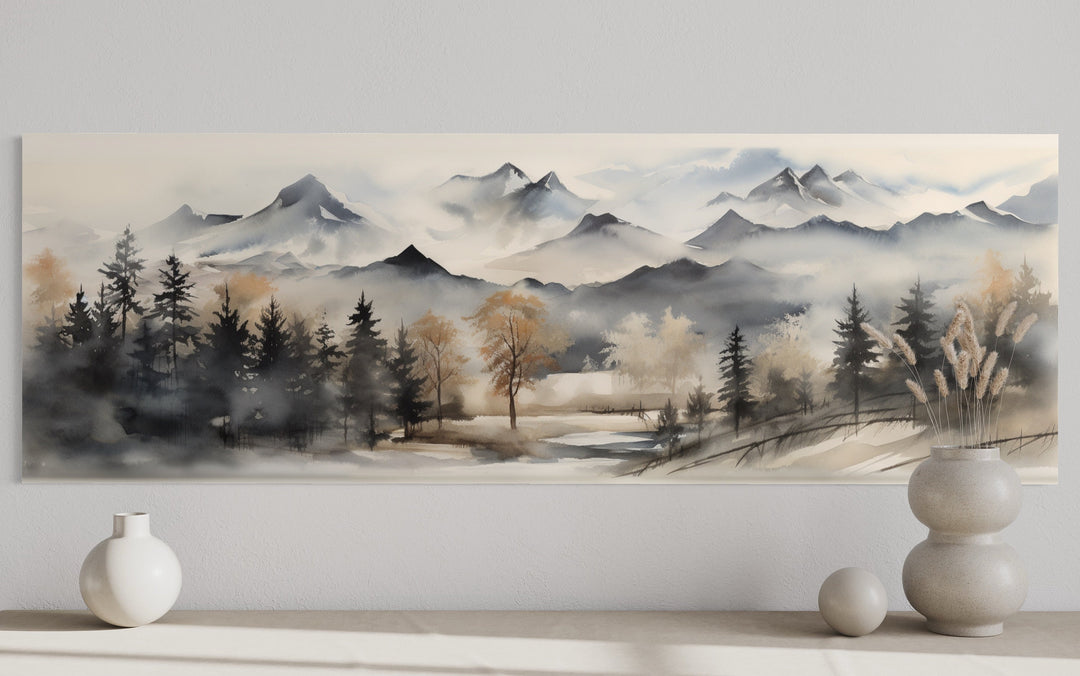 Watercolor Mountain Landscape Earth Tones Horizontal Over Bed Wall Art close up