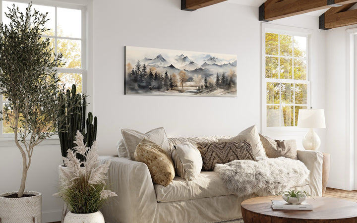 Watercolor Mountain Landscape Earth Tones Horizontal wall art above beige couch