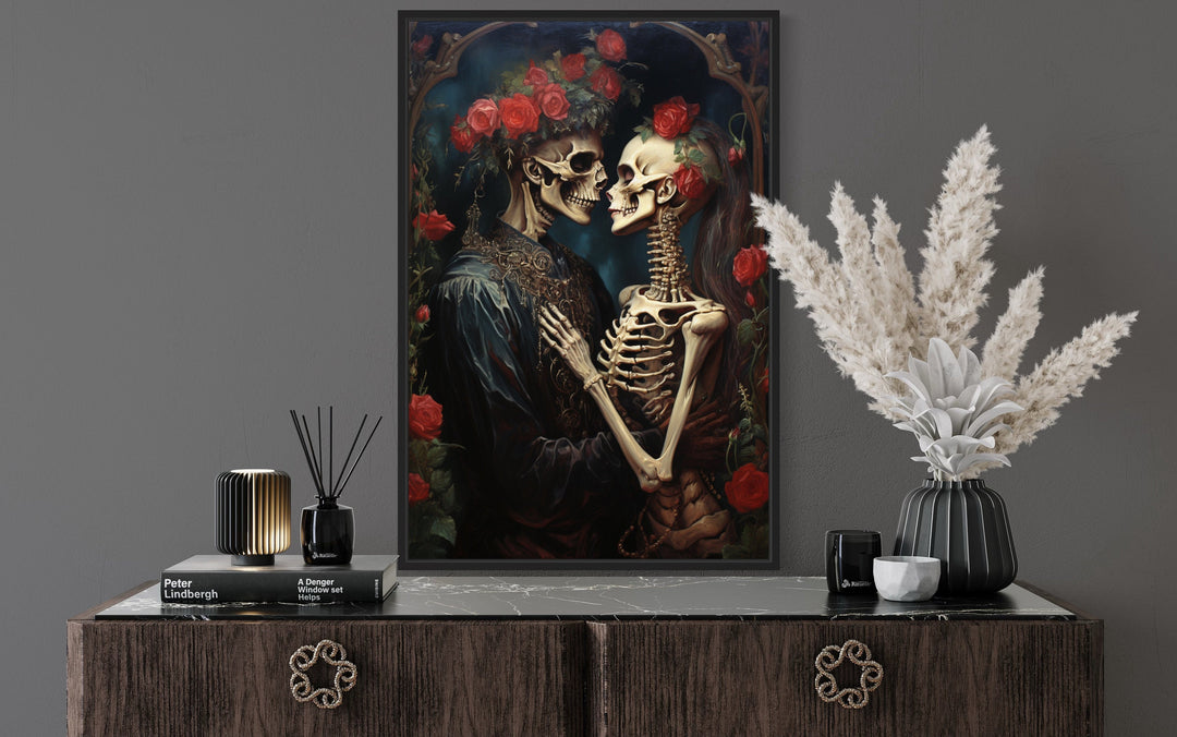 Skeleton Lovers In Flowers Romantic Gothic Framed Canvas Wall Art