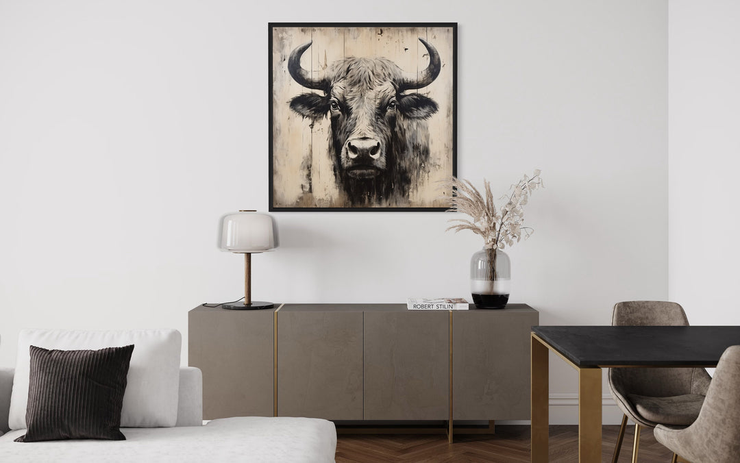 Bull Painting on Distressed Wood Farmhouse Wall Art in modern room