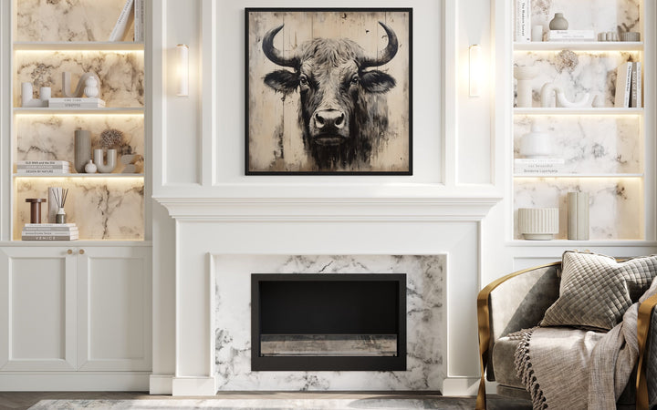 Bull Painting on Distressed Wood Farmhouse Wall Art above mantel
