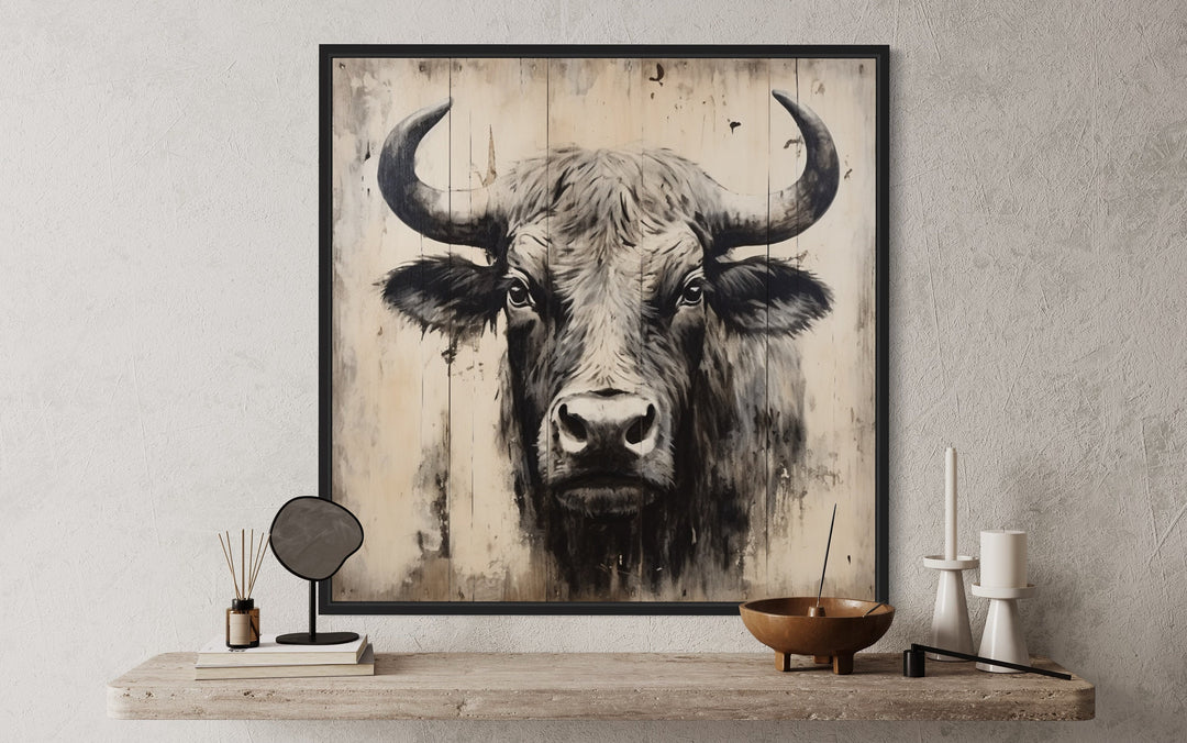 Bull Portrait on Distressed Wood Painting Farmhouse Wall Art