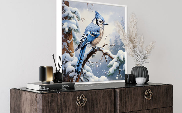 Blue Jay In Snow Winter Framed Canvas Wall Art above table