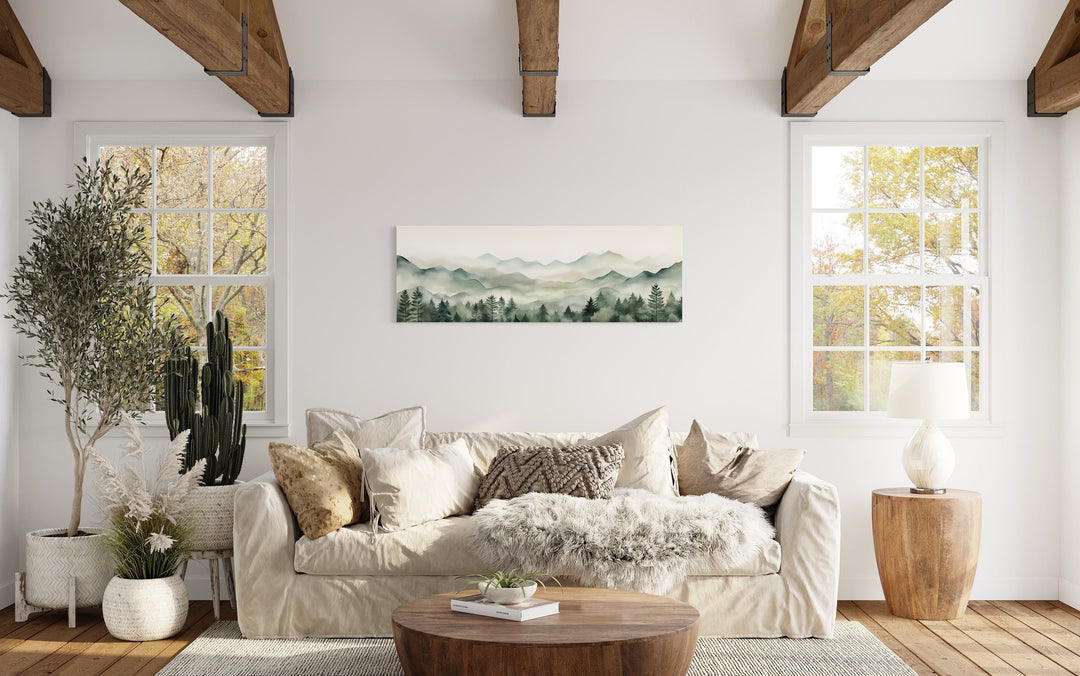 Sage Green Mountains Long Horizontal Canvas Wall Art in living room