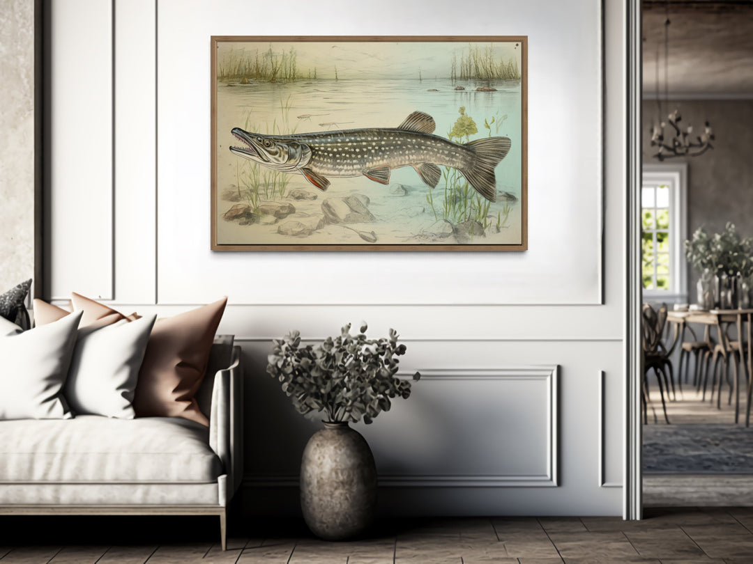 Northern Pike Vintage Fish Painting Framed Canvas Wall Art