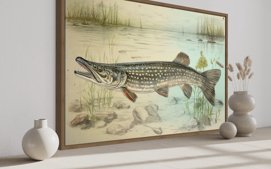 Northern Pike Vintage Fish Painting Framed Canvas Wall Art side view