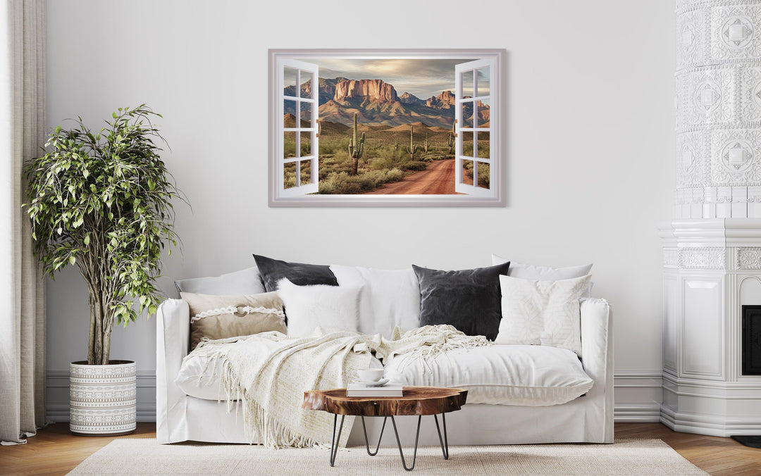 Arizona Desert View From Open Window Wall Art above white couch