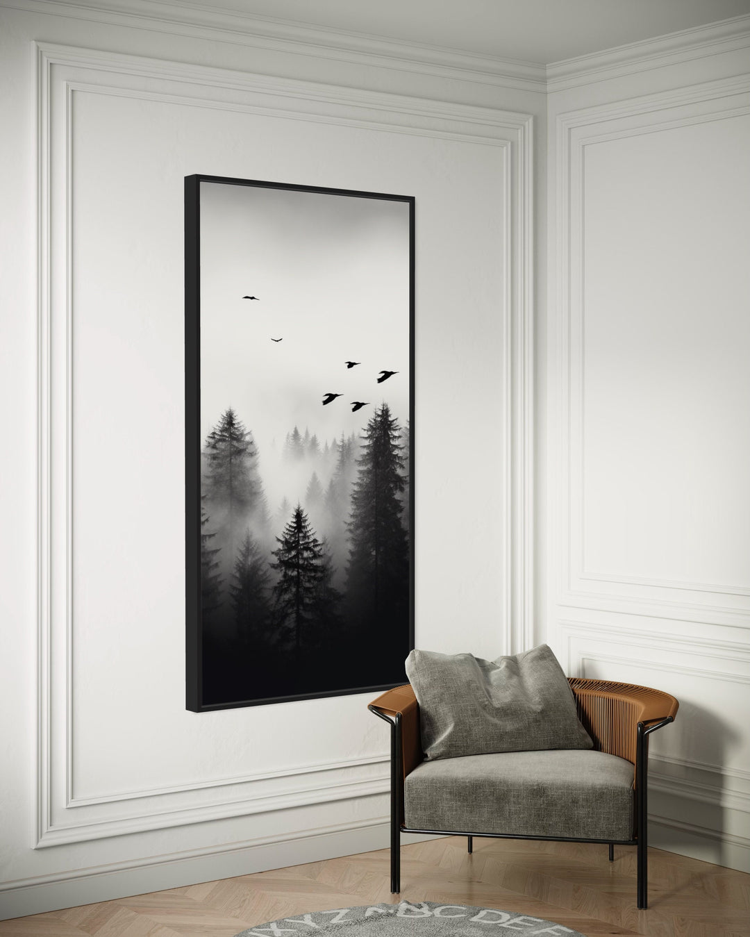 Black White Tall Vertical Foggy Fir Tree Forest Framed Canvas Wall Art side view