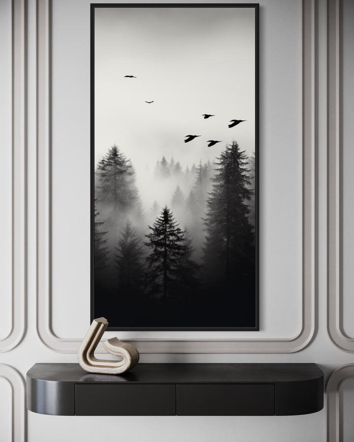 Black White Tall Vertical Foggy Fir Tree Forest Framed Canvas Wall Art close up