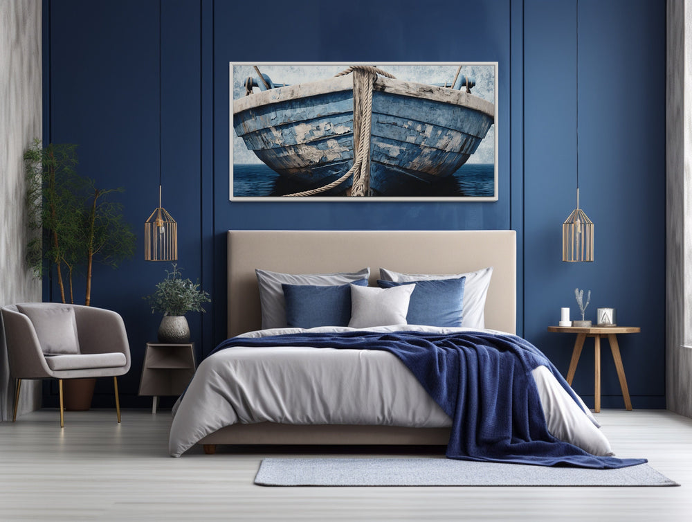 Old Blue White Boat Nautical Wall Art above blue bed
