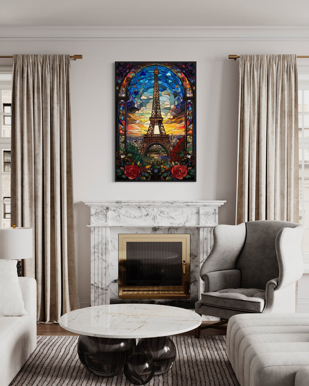 Eiffel Tower Stained Glass Style Framed Canvas Wall Art