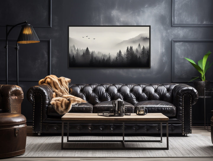 Foggy Forest Black White Minimalist Framed Canvas Wall Art above couch