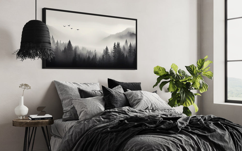 Foggy Forest Black White Minimalist Framed Canvas Wall Art above bed