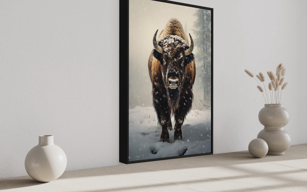 American Buffalo in Snow Framed Canvas Wall Art side view