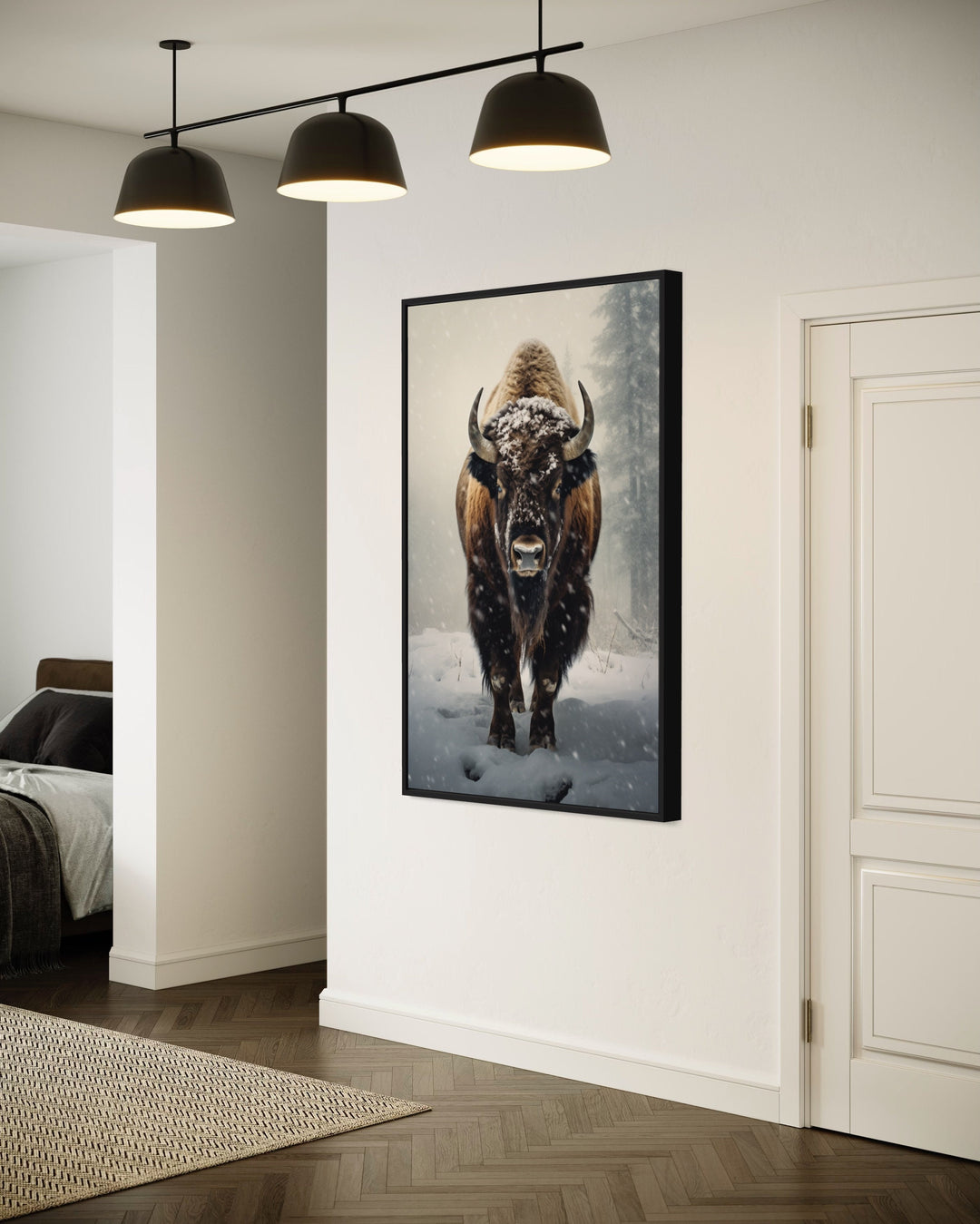 American Buffalo in Snow Framed Canvas Wall Art in living room