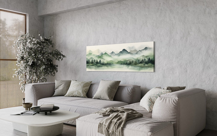 Sage Green Mountains Lake Long Horizontal Watercolor Framed Canvas Wall Art above couch