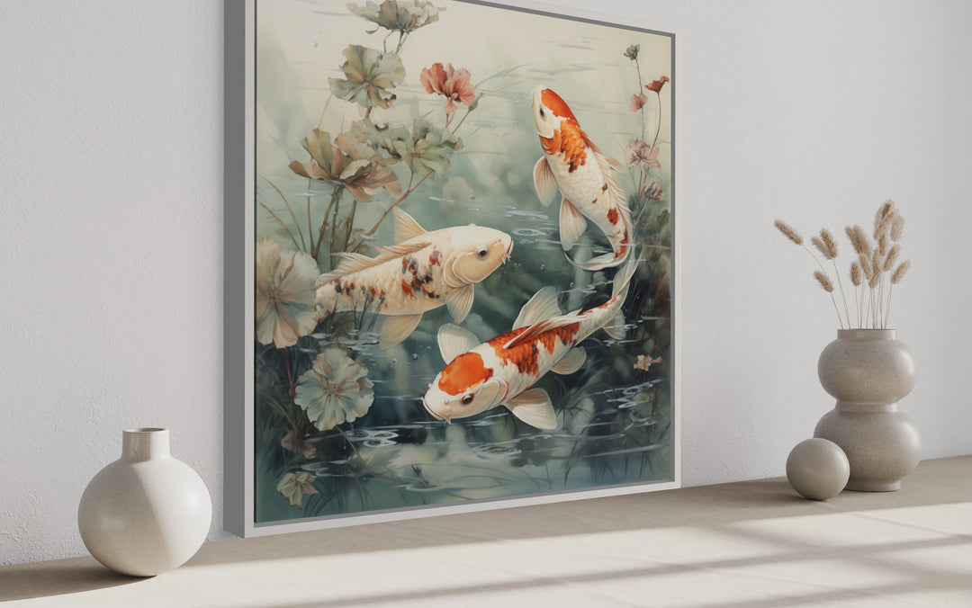 Koi Fish In Sage Green Pond Square Wall Art side view