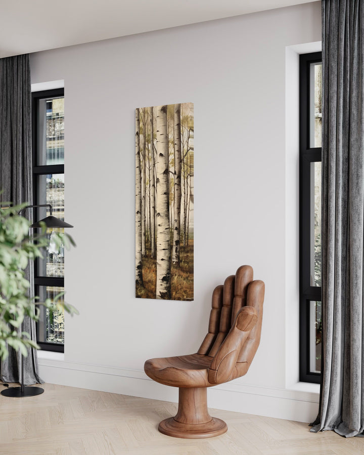 Tall Narrow Aspen Trees Vertical Framed Canvas Wall Art in living room