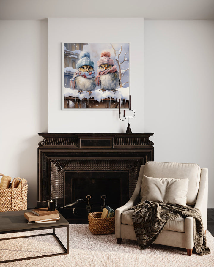 Cute Birds In Hats In Snow Winter Framed Canvas Wall Art above fireplace